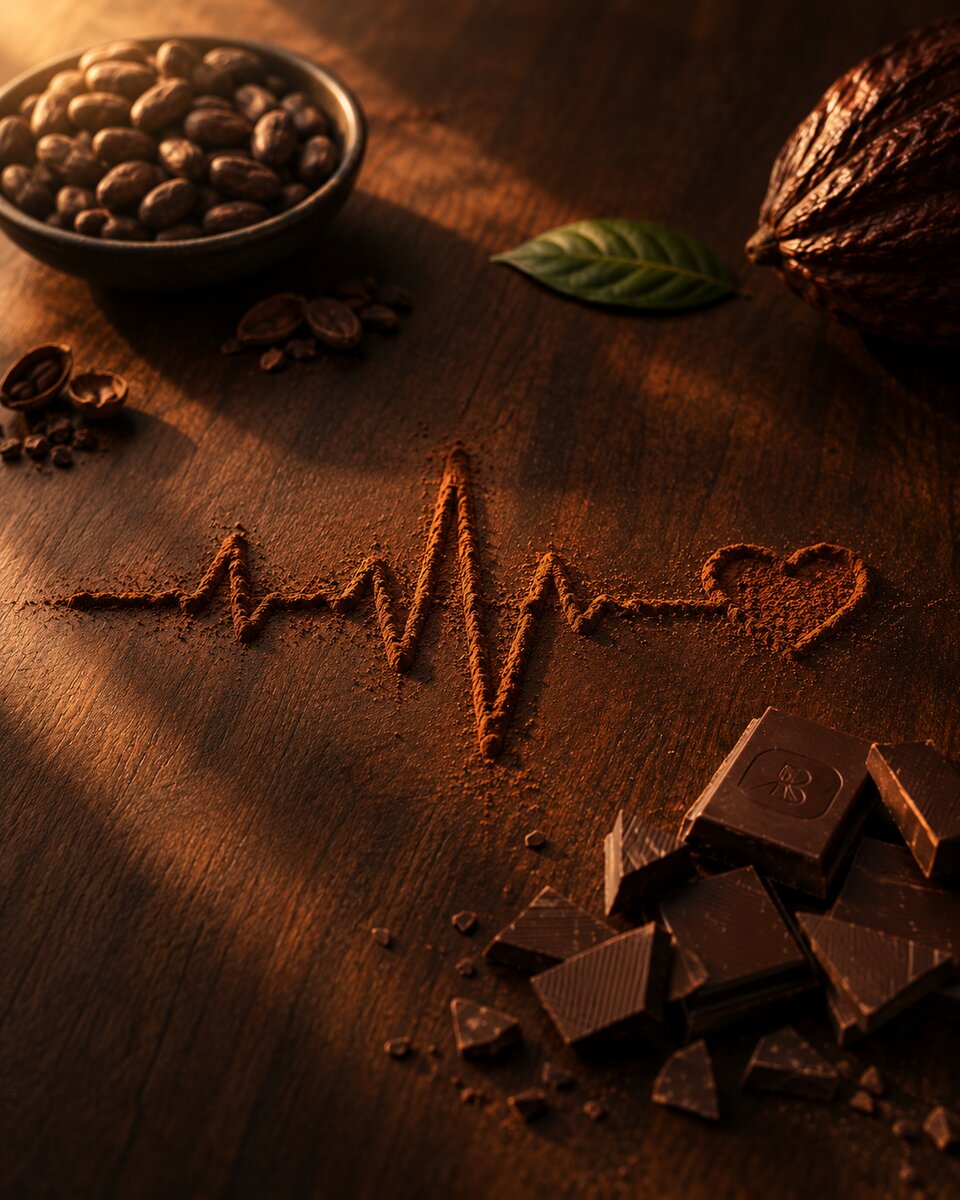 Cacau em pó desenhando um batimento cardíaco sobre madeira, ao lado de amêndoas de cacau e chocolate bean-to-bar
